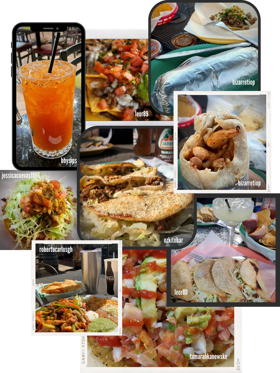 A collage of photos of food and drinks from Los Gallos.