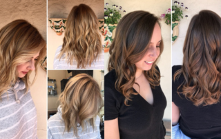 A collage of pictures of two women showing off new hairstyles. One is blonde and the other is brunette, both with wavy hair.