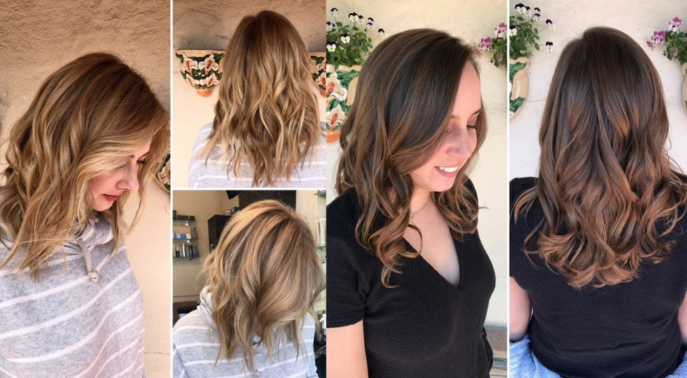 A collage of pictures of two women showing off new hairstyles. One is blonde and the other is brunette, both with wavy hair.